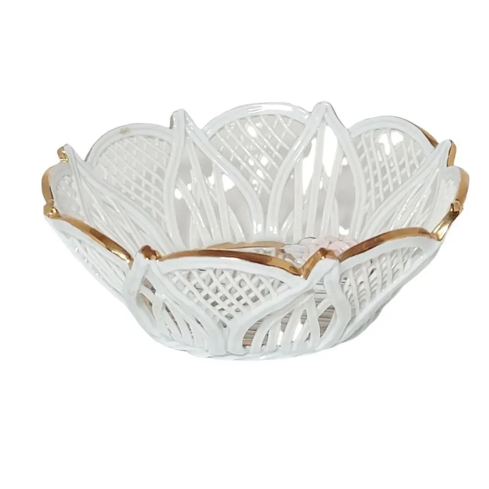 Vintage Porcelain Wicker Style Trinket Basket Floral With‎ Gold Accent 2